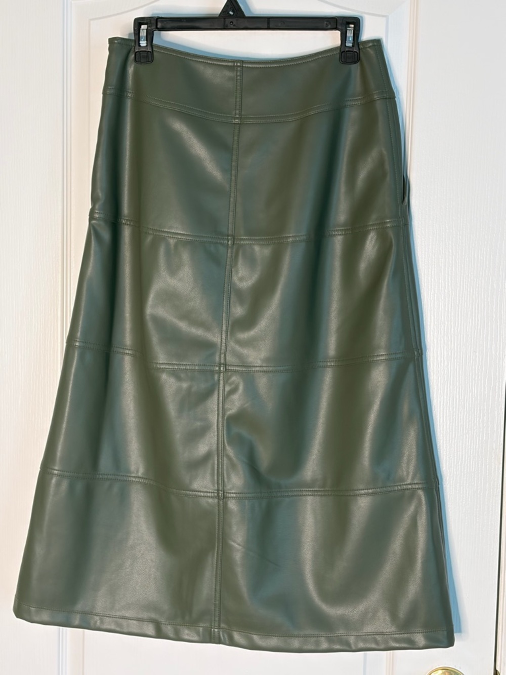 CAbi Olive Faux Leather High-Waist Midi Kick It Skirt - Picture 10 of 12